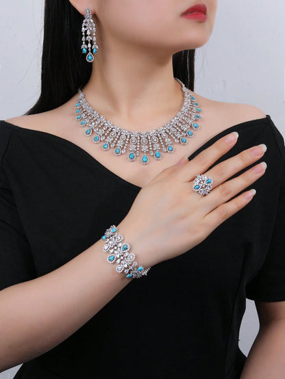 4Pcs Cubic Zirconia Jewelry Set. Water Drop Necklace, Ring, Bracelet, Earrings Set, Fashionable & Glamorous For Women Party Wear