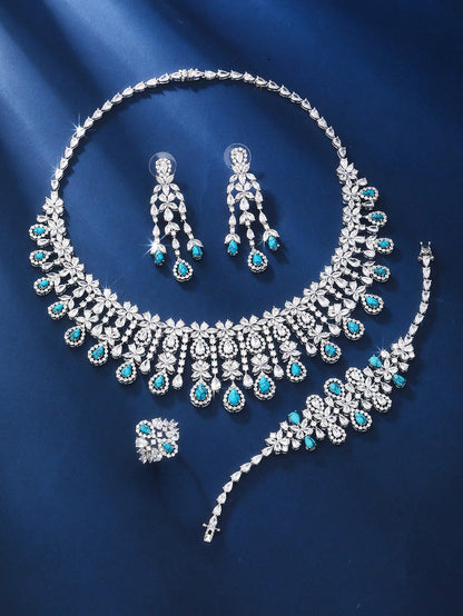 4Pcs Cubic Zirconia Jewelry Set. Water Drop Necklace, Ring, Bracelet, Earrings Set, Fashionable & Glamorous For Women Party Wear