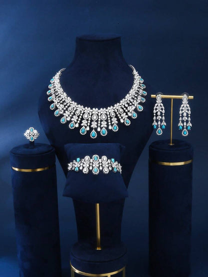 4Pcs Cubic Zirconia Jewelry Set. Water Drop Necklace, Ring, Bracelet, Earrings Set, Fashionable & Glamorous For Women Party Wear