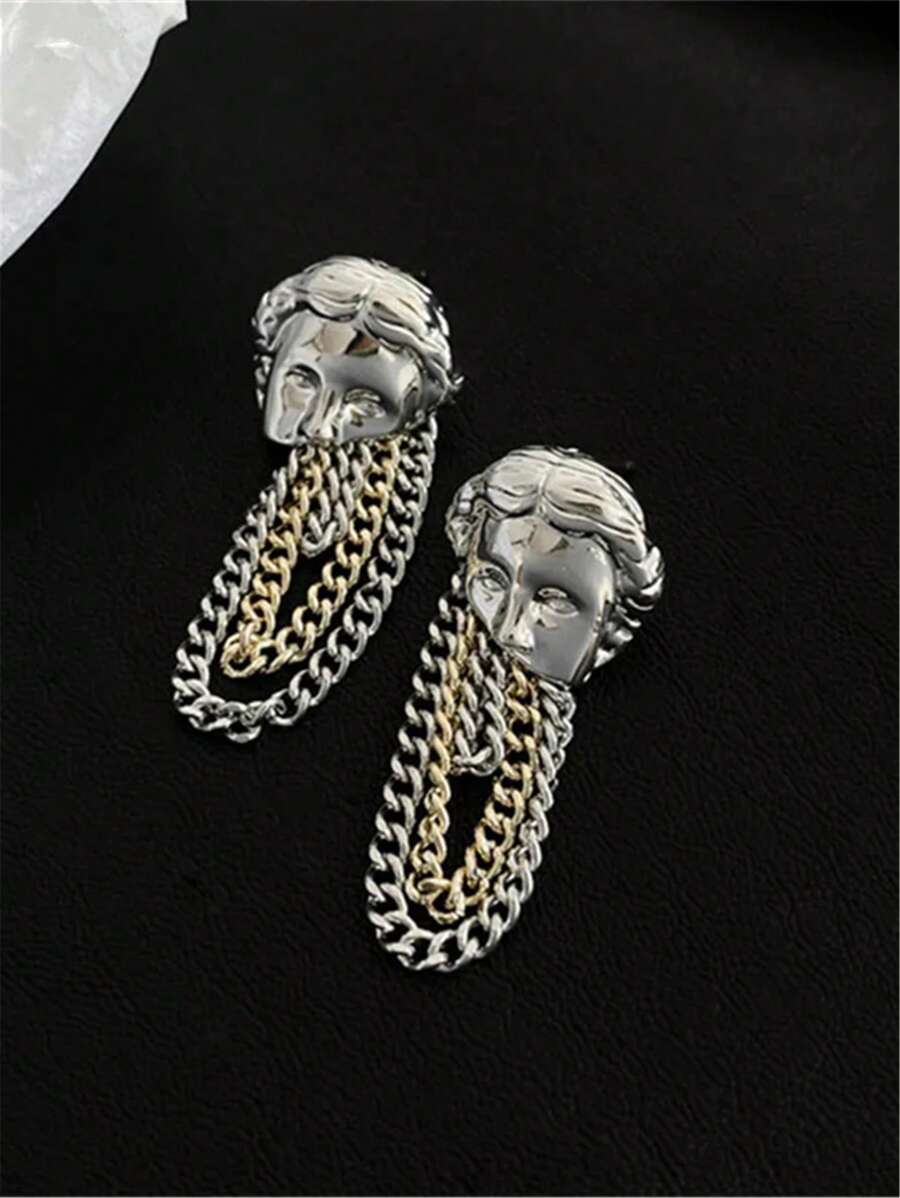 Asymmetric Metal Abstract Face Chain Tassel Earrings, Women Party Jewelry Accessory