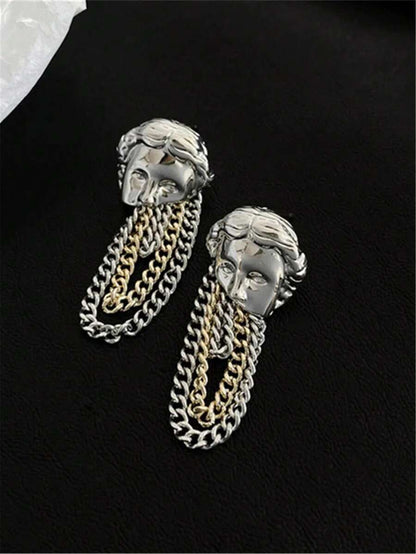 Asymmetric Metal Abstract Face Chain Tassel Earrings, Women Party Jewelry Accessory