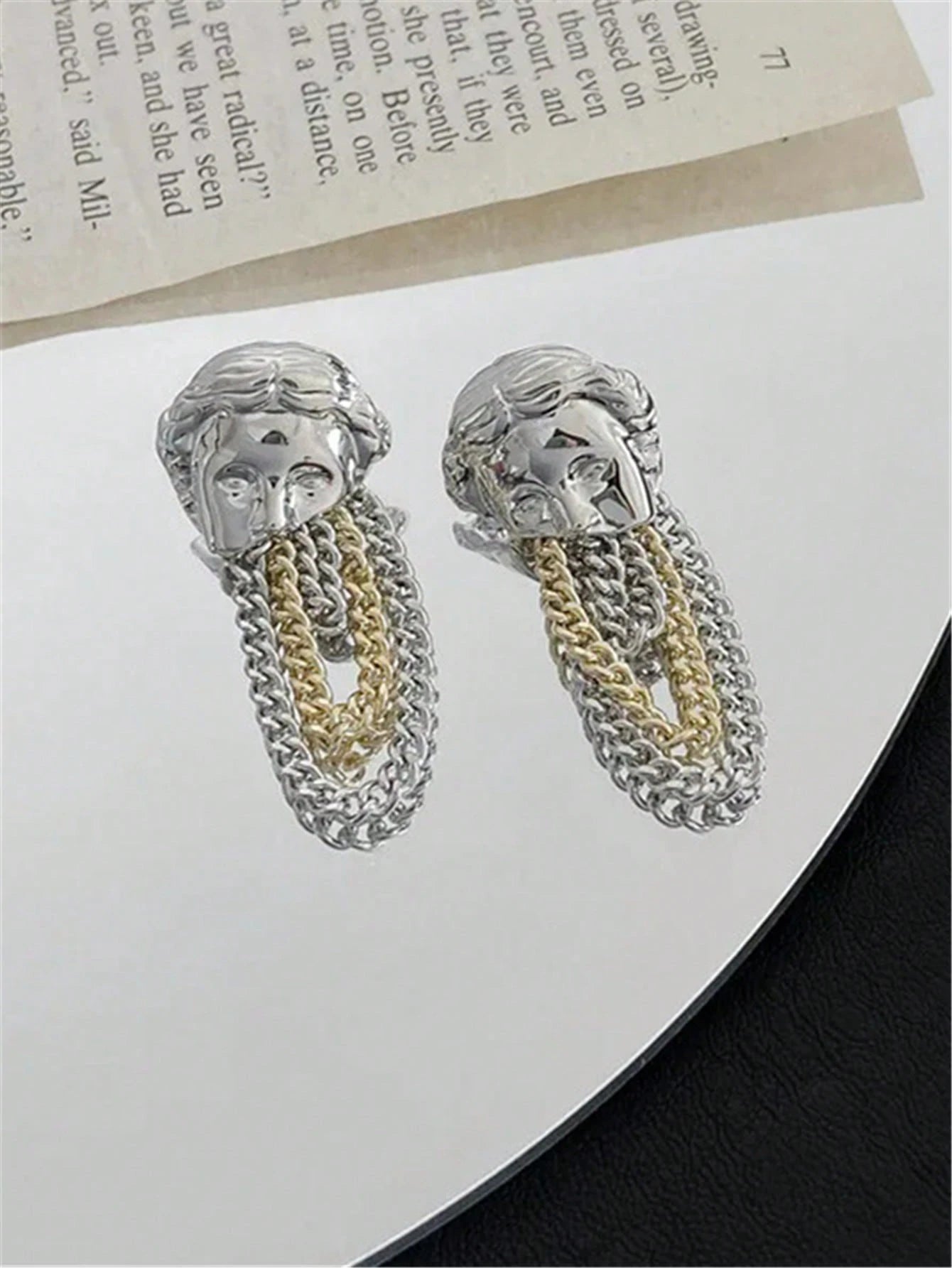 Asymmetric Metal Abstract Face Chain Tassel Earrings, Women Party Jewelry Accessory