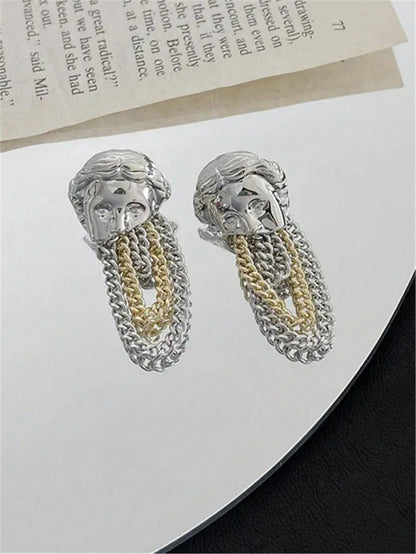 Asymmetric Metal Abstract Face Chain Tassel Earrings, Women Party Jewelry Accessory