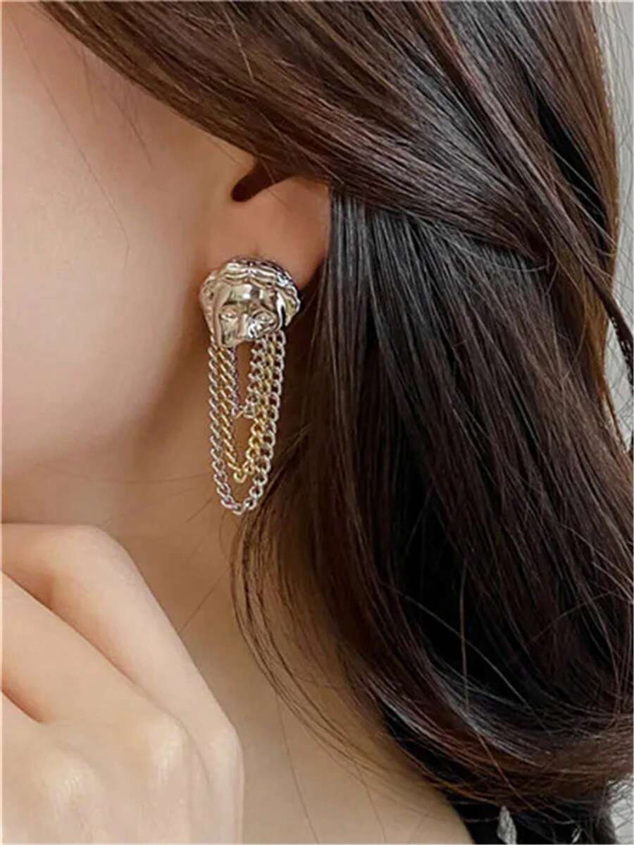 Asymmetric Metal Abstract Face Chain Tassel Earrings, Women Party Jewelry Accessory