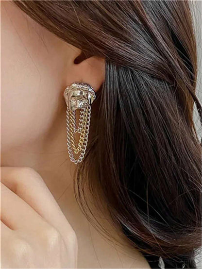 Asymmetric Metal Abstract Face Chain Tassel Earrings, Women Party Jewelry Accessory