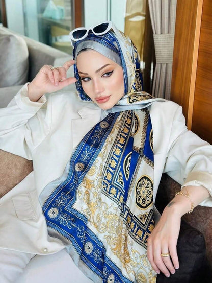 Blue Luxurious Fashion Palace Print Scarf Vintage Satin Shawl Imitation Silk Head Wrap Hijab Casual Sunscreen Windproof