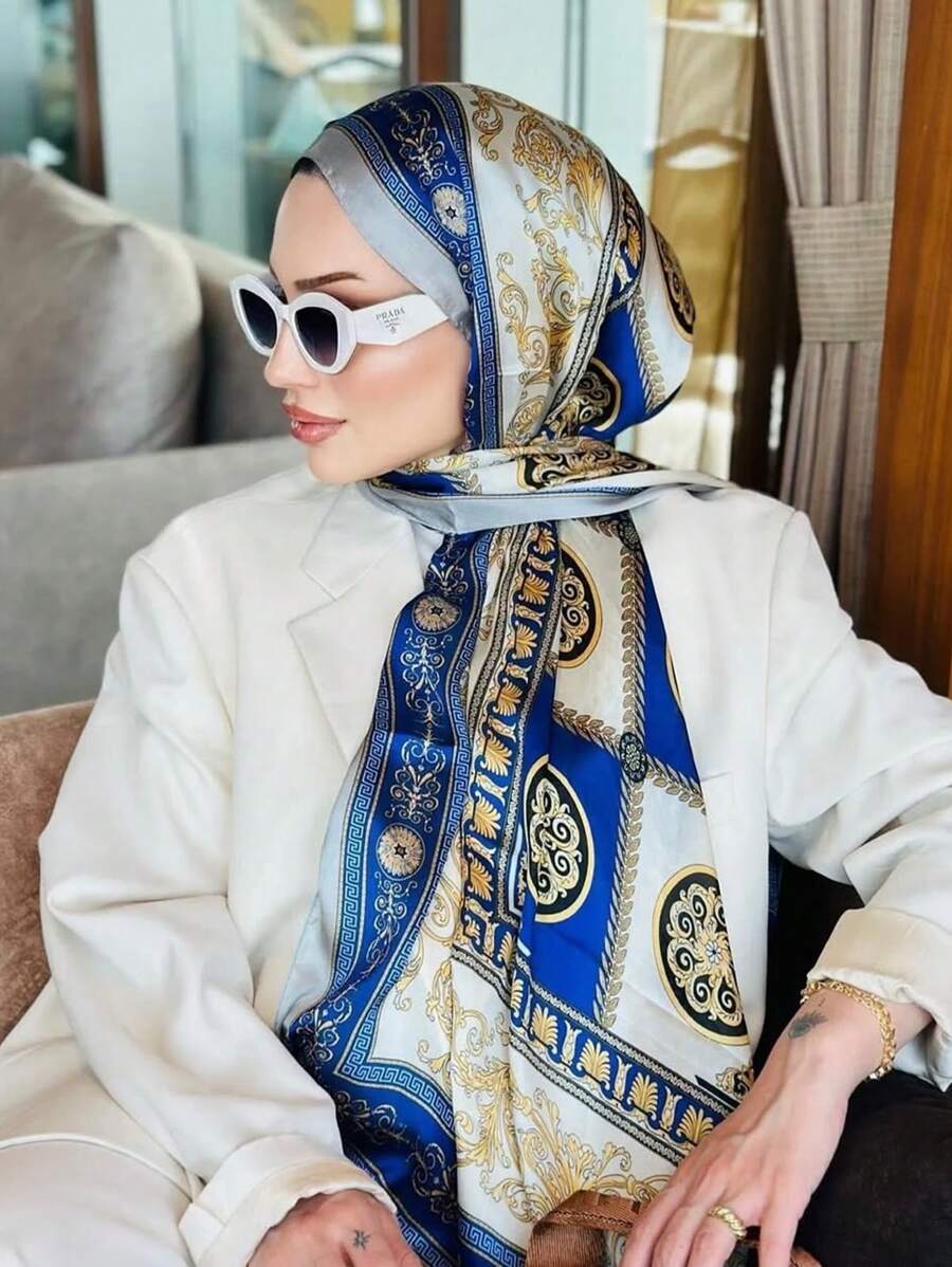 Blue Luxurious Fashion Palace Print Scarf Vintage Satin Shawl Imitation Silk Head Wrap Hijab Casual Sunscreen Windproof