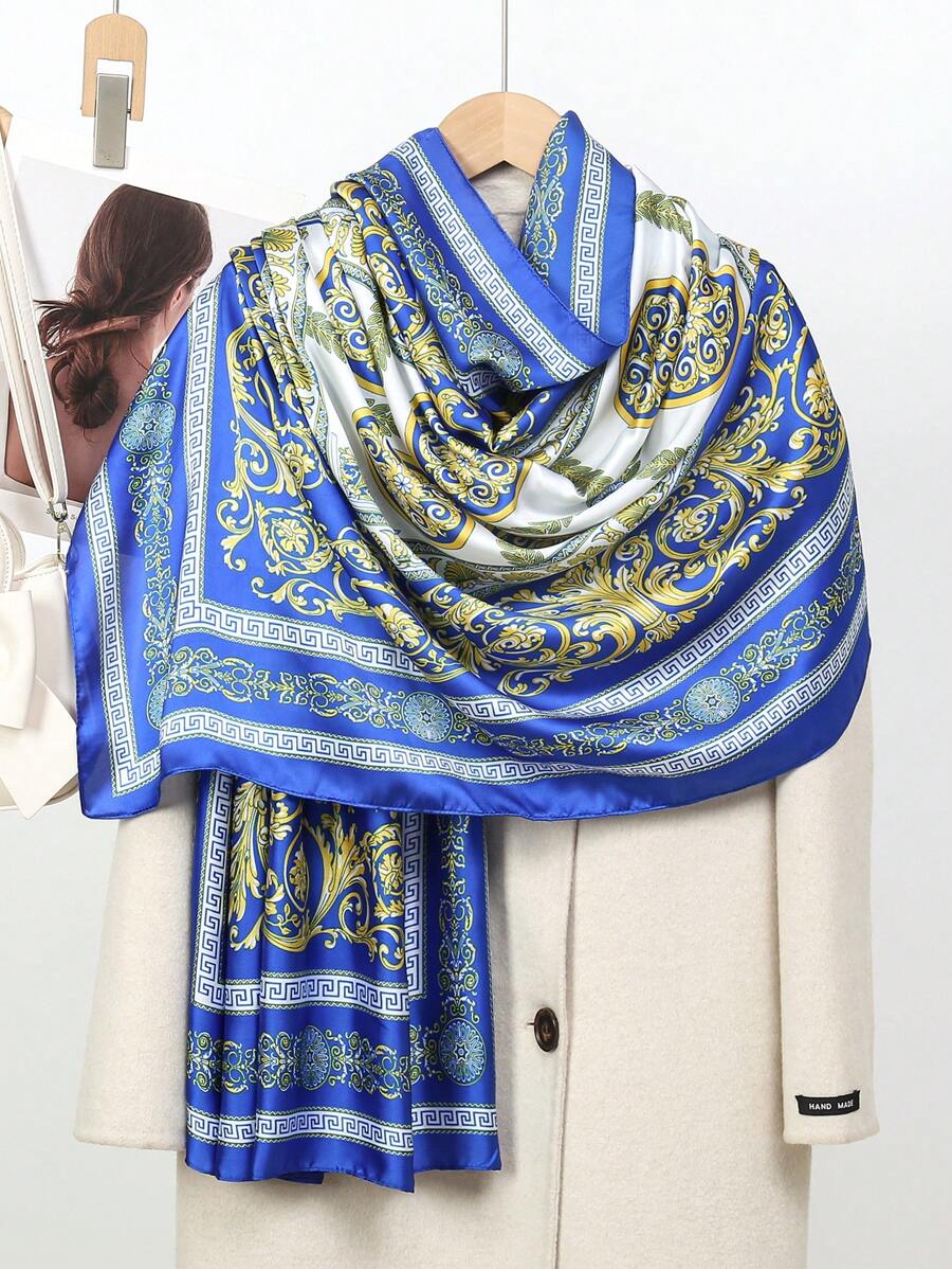 Blue Luxurious Fashion Palace Print Scarf Vintage Satin Shawl Imitation Silk Head Wrap Hijab Casual Sunscreen Windproof