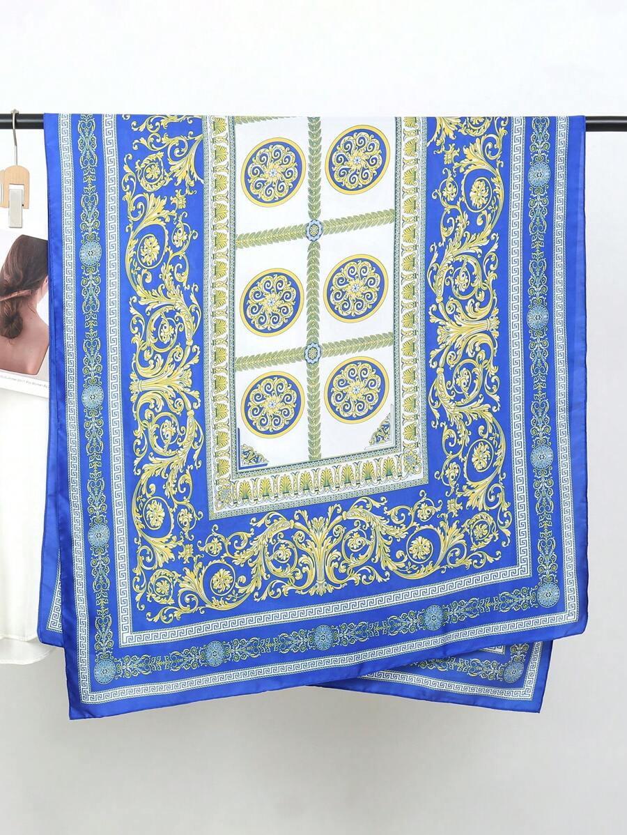 Blue Luxurious Fashion Palace Print Scarf Vintage Satin Shawl Imitation Silk Head Wrap Hijab Casual Sunscreen Windproof