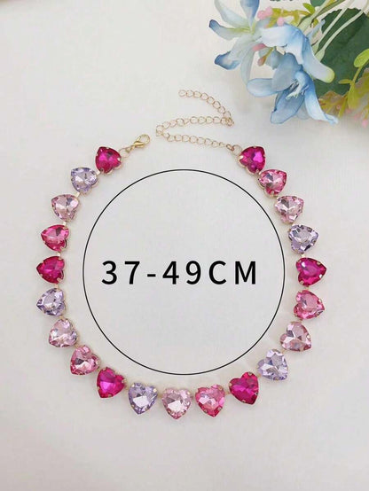 Bohemian Style Glamorous Colorful Glass Crystal Heart & Teardrop Pendant Necklace, Gold Jewelry For Women