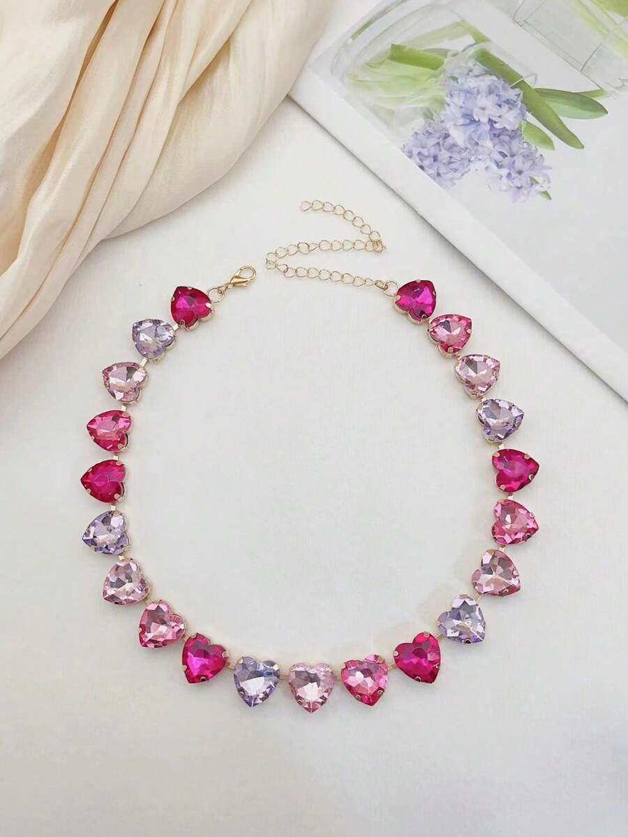 Bohemian Style Glamorous Colorful Glass Crystal Heart & Teardrop Pendant Necklace, Gold Jewelry For Women