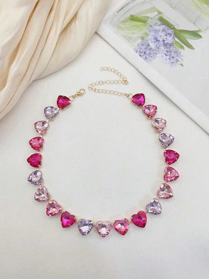 Bohemian Style Glamorous Colorful Glass Crystal Heart & Teardrop Pendant Necklace, Gold Jewelry For Women