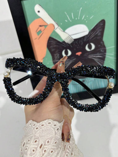 Oversized Round Fashionable Glasses With Diamond Studded Half Frame, Personalized Multifunctional Glasses Frame, Transparent Glasses, Shiny Accessories