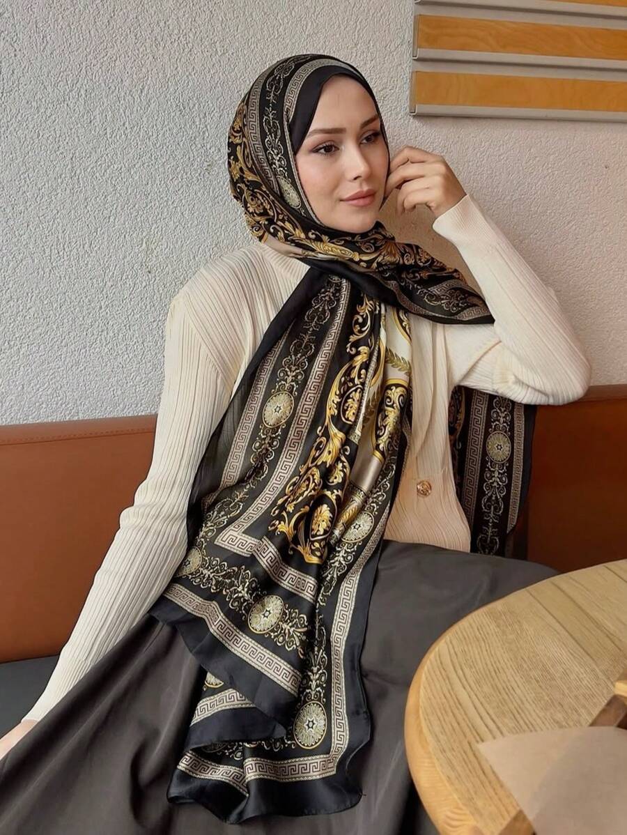 Black Luxurious Fashion Palace Print Scarf Vintage Satin Shawl Imitation Silk Head Wrap Hijab Casual Sunscreen Windproof