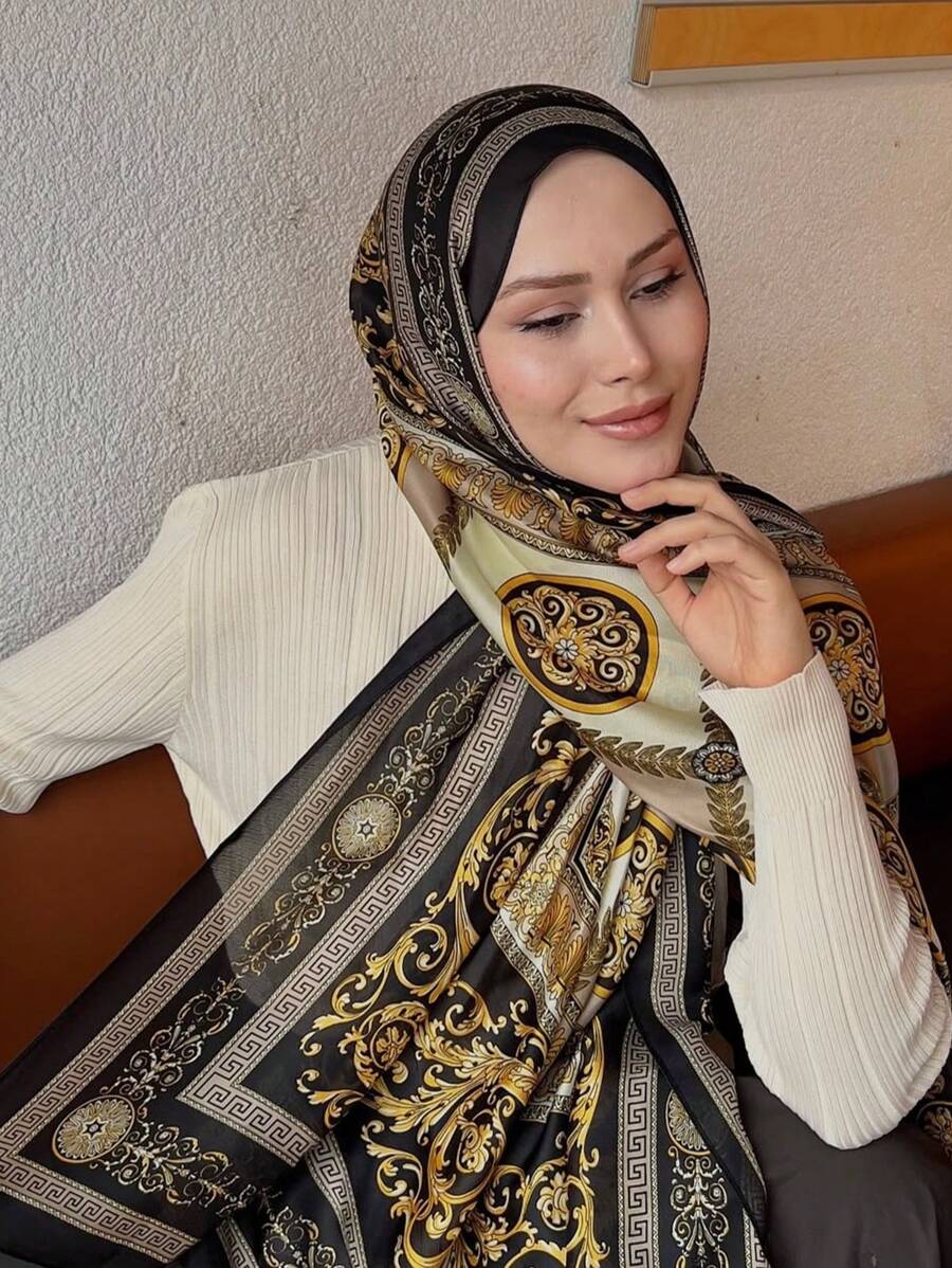 Black Luxurious Fashion Palace Print Scarf Vintage Satin Shawl Imitation Silk Head Wrap Hijab Casual Sunscreen Windproof