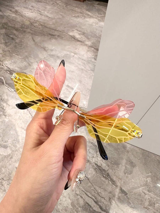 Yellow Dragonfly Ombre Wingless Frameless Fashion Fashion Glasses, Suitable For Stage Performance, Party Decoration, Outdoor Outfit