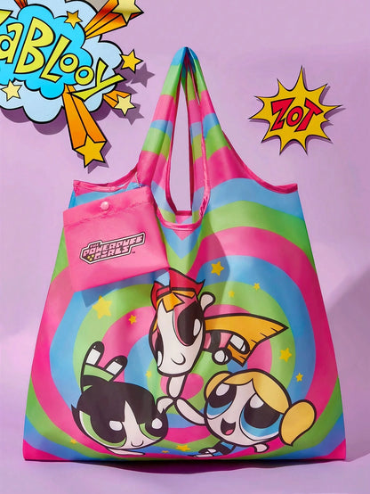 THE POWERPUFF GIRLS 1pc Cute Cartoon Blossom, Bubbles, Buttercup Heart Print Polyester Foldable Shopping Bag, Tote Bag, Equipped With A Small Storage Bag With A Bead Chain,Gift