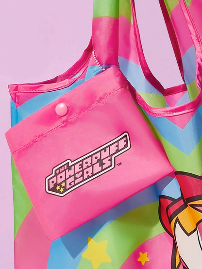 THE POWERPUFF GIRLS 1pc Cute Cartoon Blossom, Bubbles, Buttercup Heart Print Polyester Foldable Shopping Bag, Tote Bag, Equipped With A Small Storage Bag With A Bead Chain,Gift
