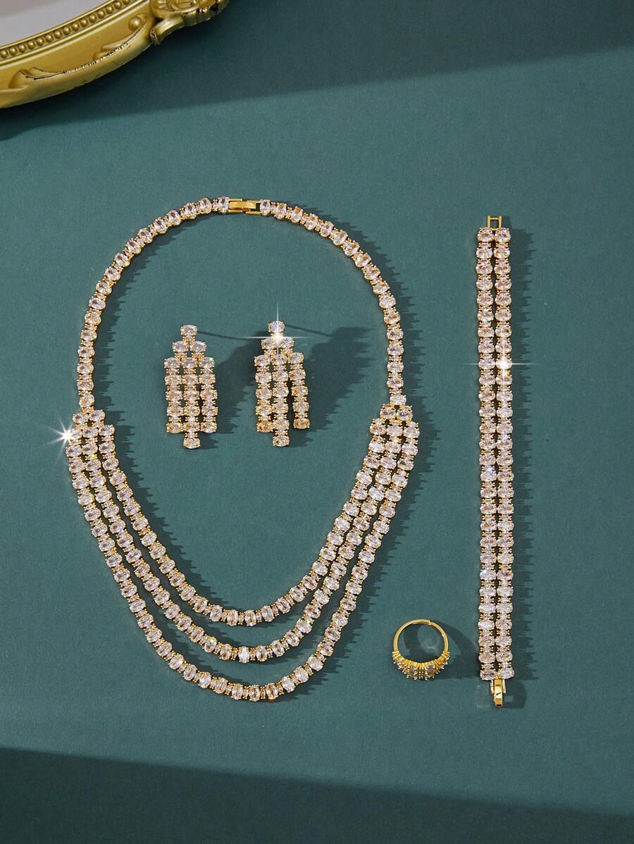 5pcs Luxury Outfit Jewelry Set, Includes 3-Layer Gold Plated Full Diamond Necklace, Earrings, Ring, Bracelet, Suitable For Parties, Weddings,