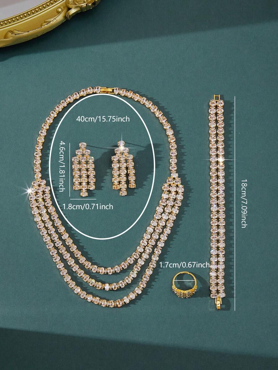 5pcs Luxury Outfit Jewelry Set, Includes 3-Layer Gold Plated Full Diamond Necklace, Earrings, Ring, Bracelet, Suitable For Parties, Weddings,