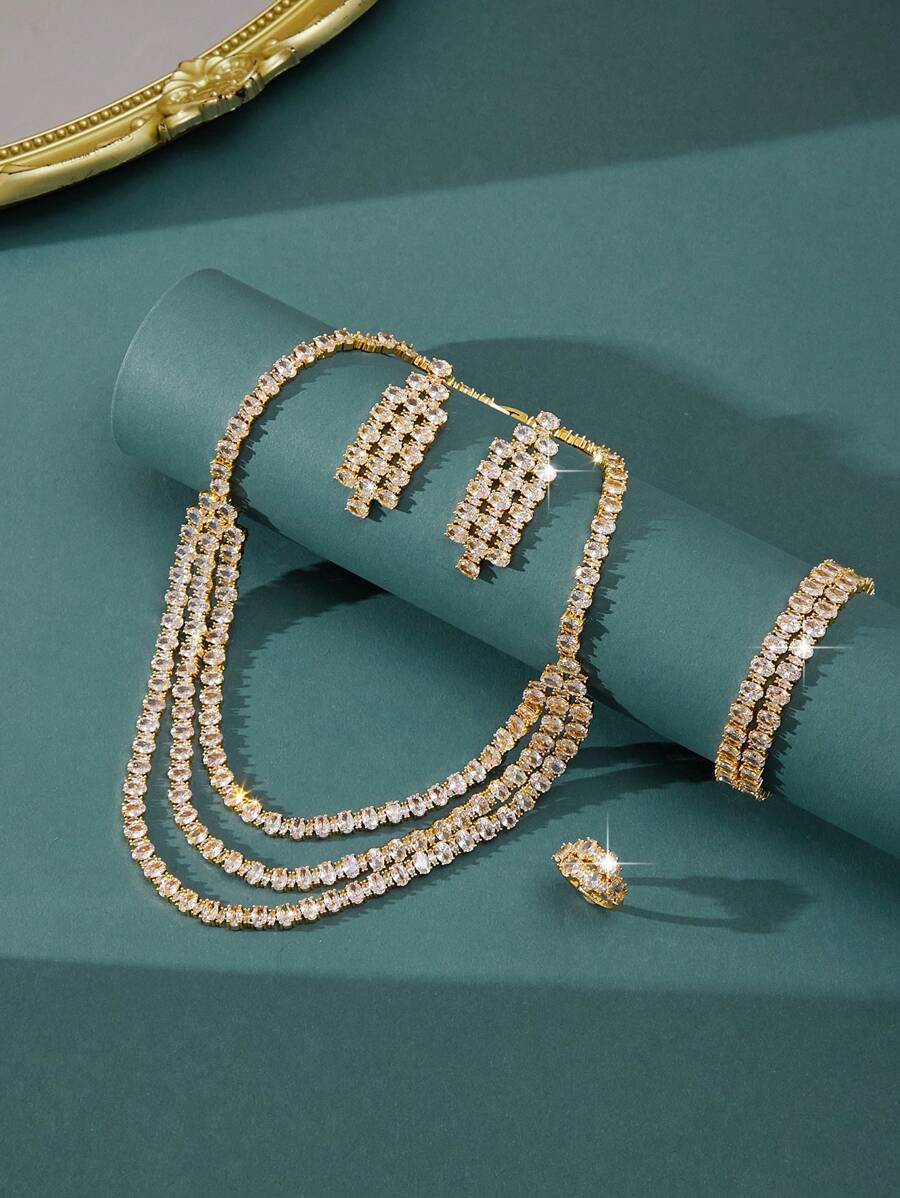 5pcs Luxury Outfit Jewelry Set, Includes 3-Layer Gold Plated Full Diamond Necklace, Earrings, Ring, Bracelet, Suitable For Parties, Weddings,