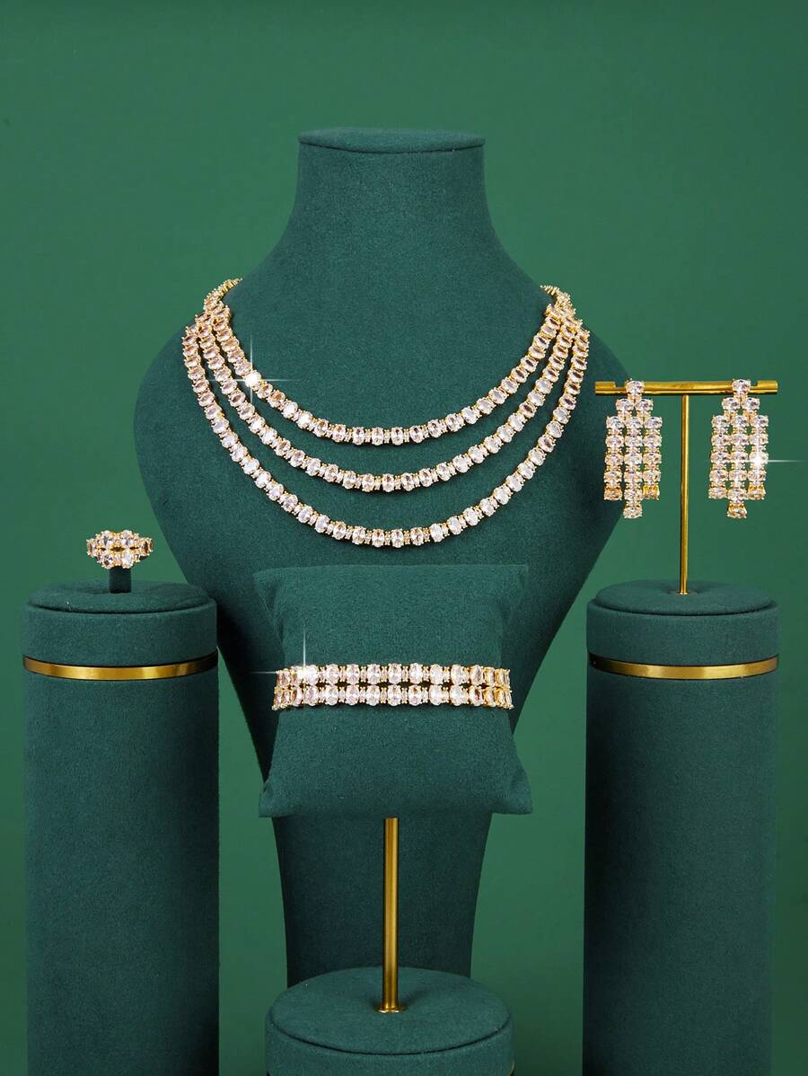 5pcs Luxury Outfit Jewelry Set, Includes 3-Layer Gold Plated Full Diamond Necklace, Earrings, Ring, Bracelet, Suitable For Parties, Weddings,