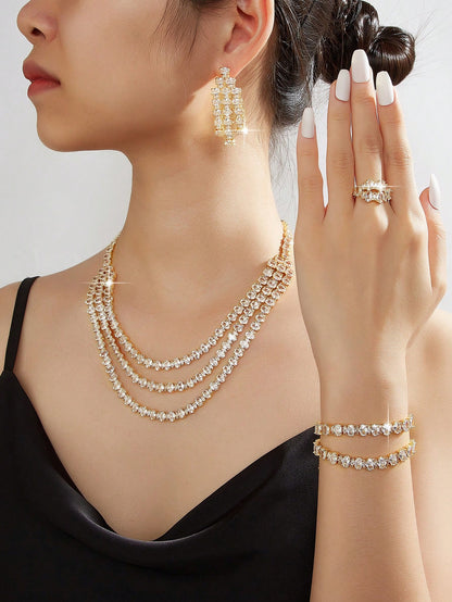 5pcs Luxury Outfit Jewelry Set, Includes 3-Layer Gold Plated Full Diamond Necklace, Earrings, Ring, Bracelet, Suitable For Parties, Weddings,
