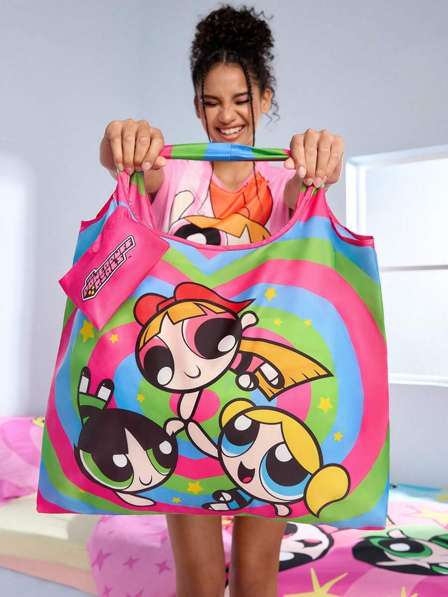 THE POWERPUFF GIRLS 1pc Cute Cartoon Blossom, Bubbles, Buttercup Heart Print Polyester Foldable Shopping Bag, Tote Bag, Equipped With A Small Storage Bag With A Bead Chain,Gift