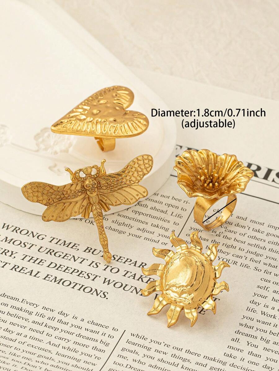 4 Pcs Flower Heart Rings Set Dragonfly Sunburst Design Chunky Statement Ring Women Spring Summer Boho Jewelry