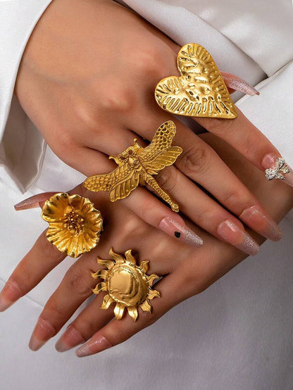 4 Pcs Flower Heart Rings Set Dragonfly Sunburst Design Chunky Statement Ring Women Spring Summer Boho Jewelry