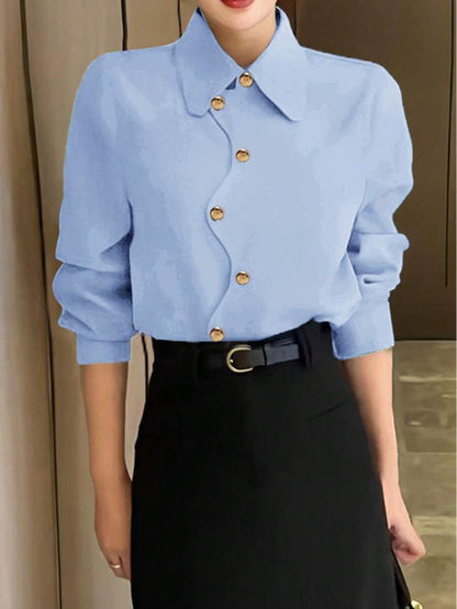 Fashion Women Asymmetrical Button Blue Shirt, Minimalist Style Casual Daily Wear