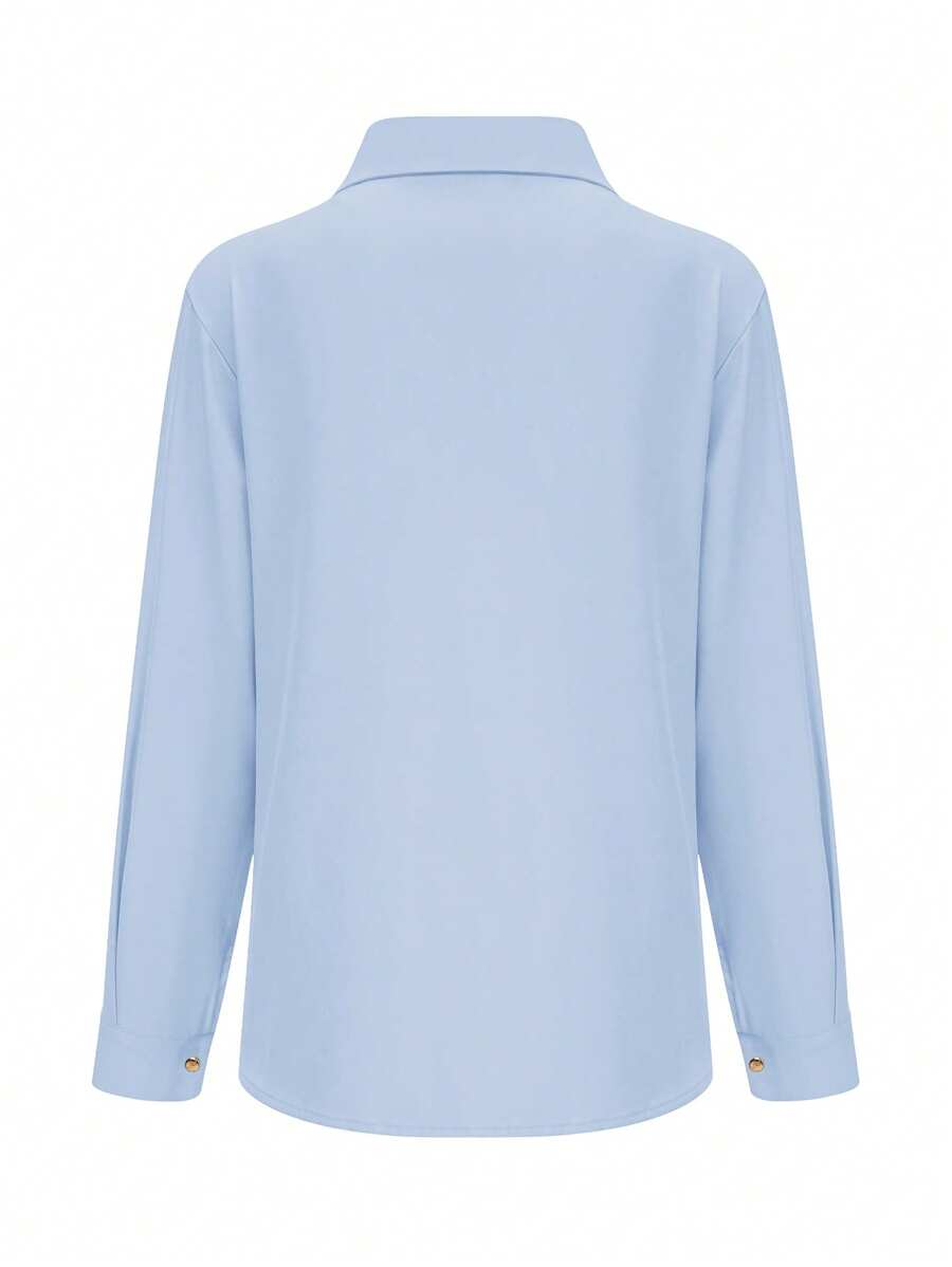 Fashion Women Asymmetrical Button Blue Shirt, Minimalist Style Casual Daily Wear