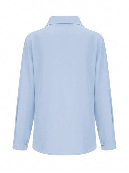 Fashion Women Asymmetrical Button Blue Shirt, Minimalist Style Casual Daily Wear