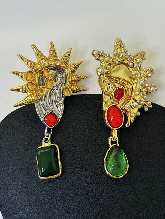 French Retro Light Luxury Colored Gemstone Faux Pearl Ears, Cockscomb Shaped Earrings, Asymmetrical AB Earrings