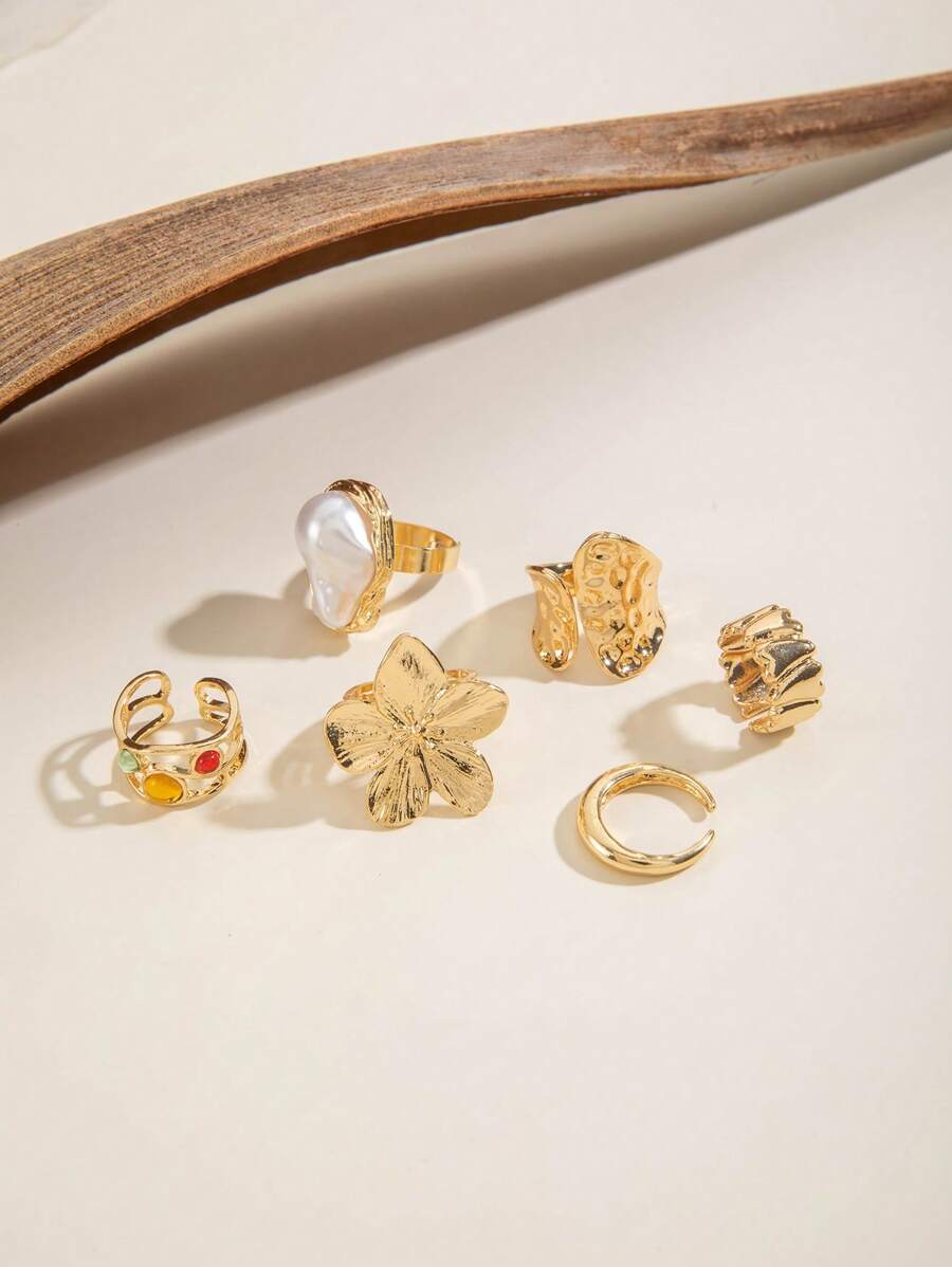 6pcs Stylish Pearl-Studded Hollow Rhinestone Asymmetrical Heart-Shaped Finger Ring Set