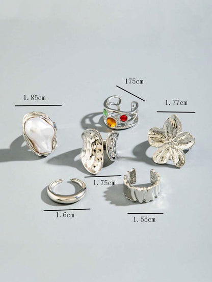 6pcs Stylish Pearl-Studded Hollow Rhinestone Asymmetrical Heart-Shaped Finger Ring Set