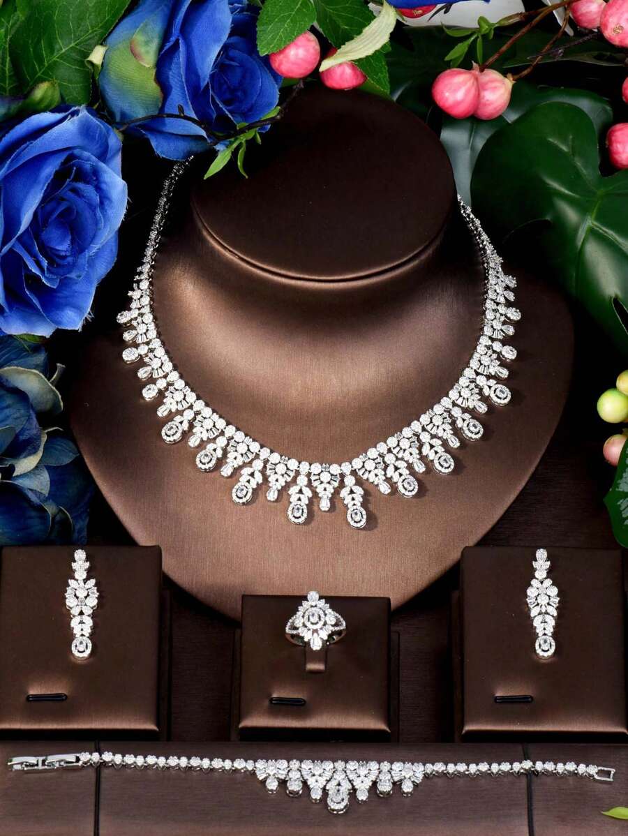 1 Set Elegant Cubic Zirconia Hollow Jewelry Set, Suitable for Valentine's,Wedding & Party For Women