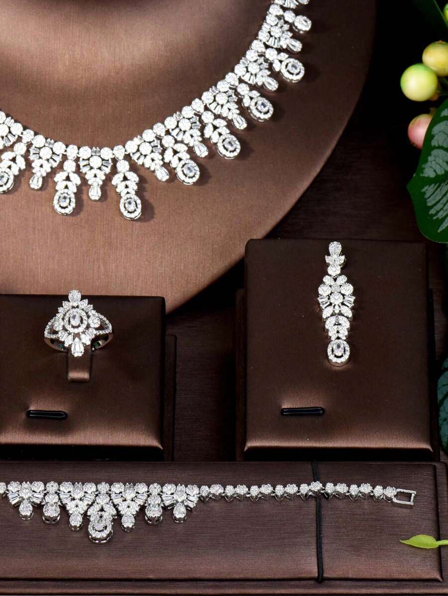 1 Set Elegant Cubic Zirconia Hollow Jewelry Set, Suitable for Valentine's,Wedding & Party For Women
