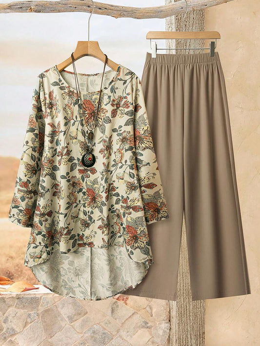EID Special Women's Vacation Casual Floral Asymmetrical Hem Shirt &amp; Pants 2 Pieces Set