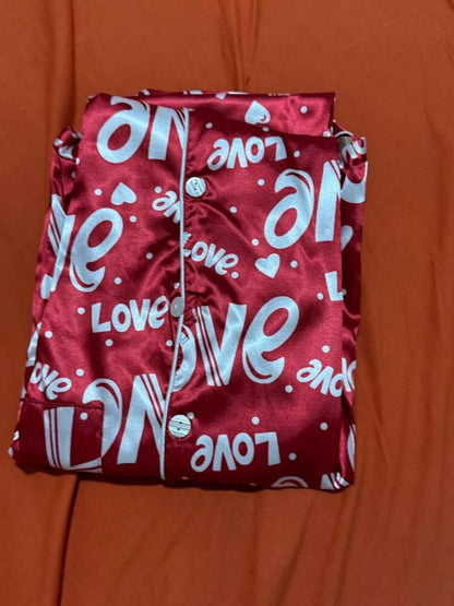 Red And White Faux Silk Letter Print Lapel Short Sleeve Top &amp; Pants Pajama Set, For Valentine's Day Bridal Lingerie Dress