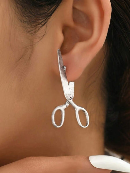 Fashionable Gothic Style Asymmetrical Vintage Metallic Scissor Stud Earrings, Versatile For Women Daily, Festivals, Parties