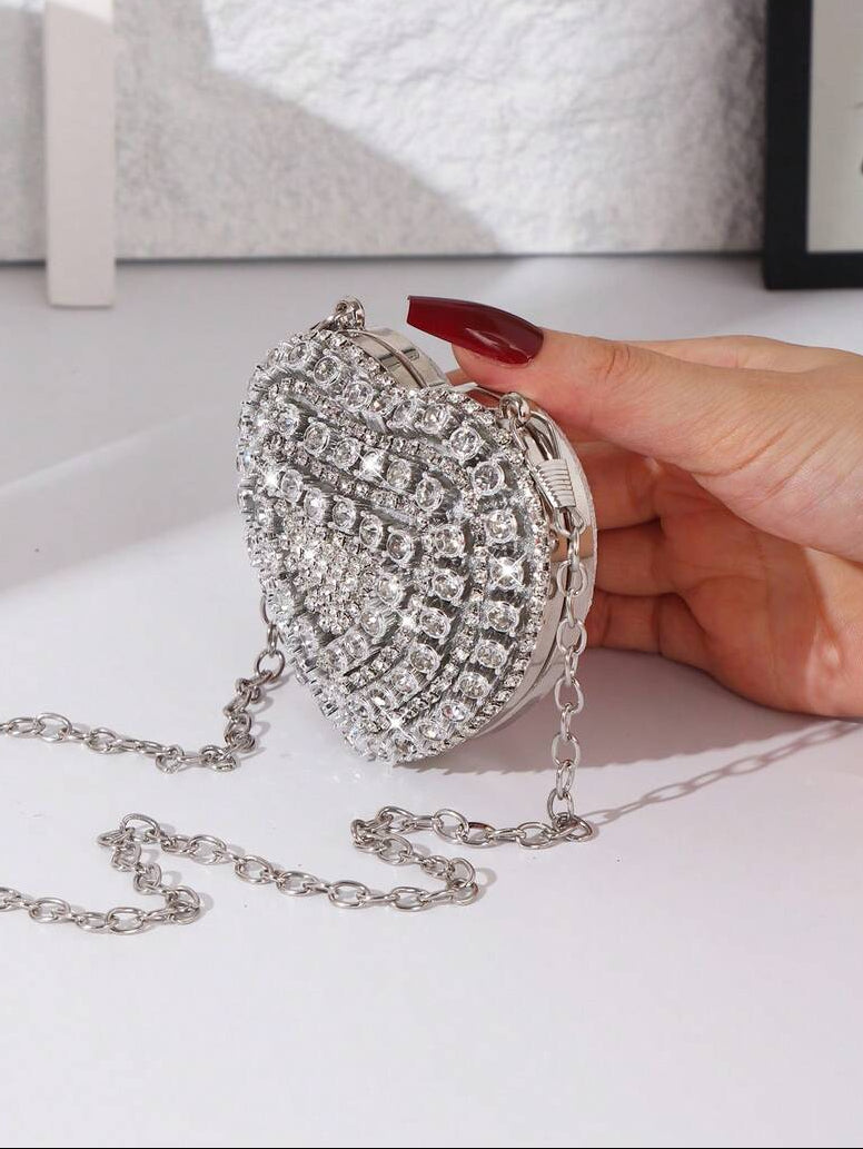 Shiny Mini Heart Silver Diamond Clutch Bag, Crossbody Bag Suitable For Evenings, Parties, Weddings, Fashion Shoulder Bag