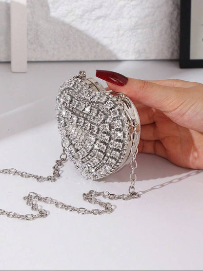 Shiny Mini Heart Silver Diamond Clutch Bag, Crossbody Bag Suitable For Evenings, Parties, Weddings, Fashion Shoulder Bag