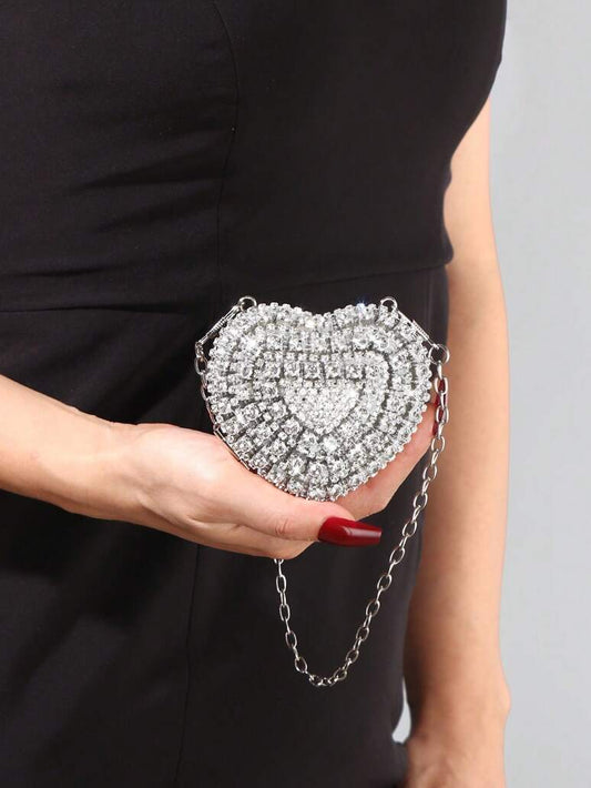 Shiny Mini Heart Silver Diamond Clutch Bag, Crossbody Bag Suitable For Evenings, Parties, Weddings, Fashion Shoulder Bag