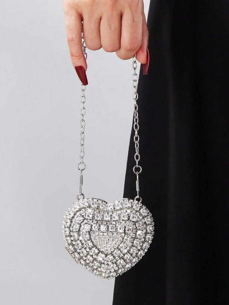 Shiny Mini Heart Silver Diamond Clutch Bag, Crossbody Bag Suitable For Evenings, Parties, Weddings, Fashion Shoulder Bag