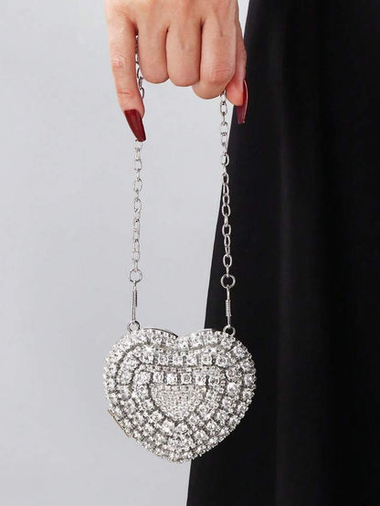 Shiny Mini Heart Silver Diamond Clutch Bag, Crossbody Bag Suitable For Evenings, Parties, Weddings, Fashion Shoulder Bag