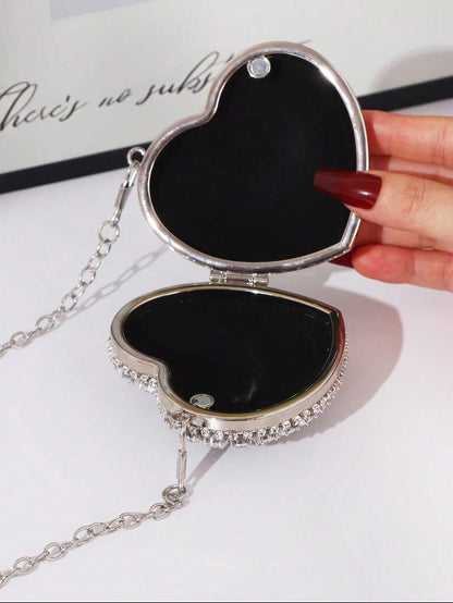 Shiny Mini Heart Silver Diamond Clutch Bag, Crossbody Bag Suitable For Evenings, Parties, Weddings, Fashion Shoulder Bag