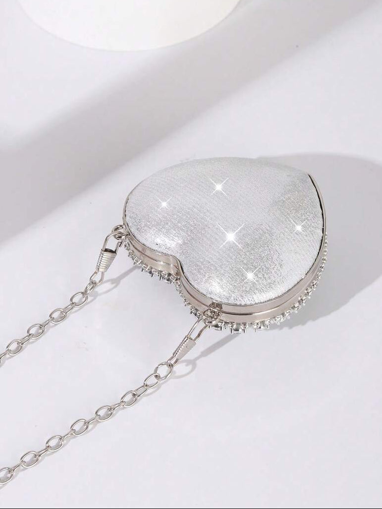 Shiny Mini Heart Silver Diamond Clutch Bag, Crossbody Bag Suitable For Evenings, Parties, Weddings, Fashion Shoulder Bag