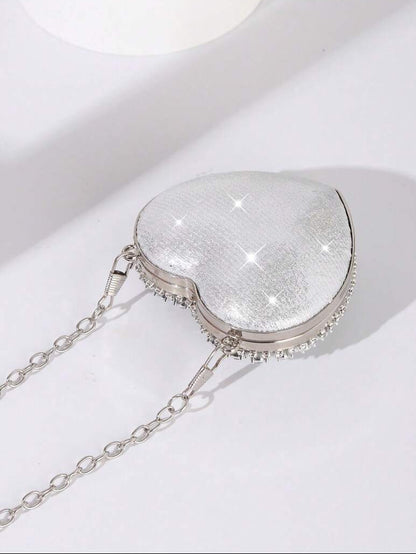 Shiny Mini Heart Silver Diamond Clutch Bag, Crossbody Bag Suitable For Evenings, Parties, Weddings, Fashion Shoulder Bag
