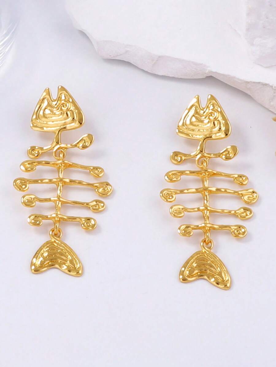 Luxury Minimalist Fish Skeleton Design Alloy Earrings, Versatile Beach/Ocean Style Ladies Earrings